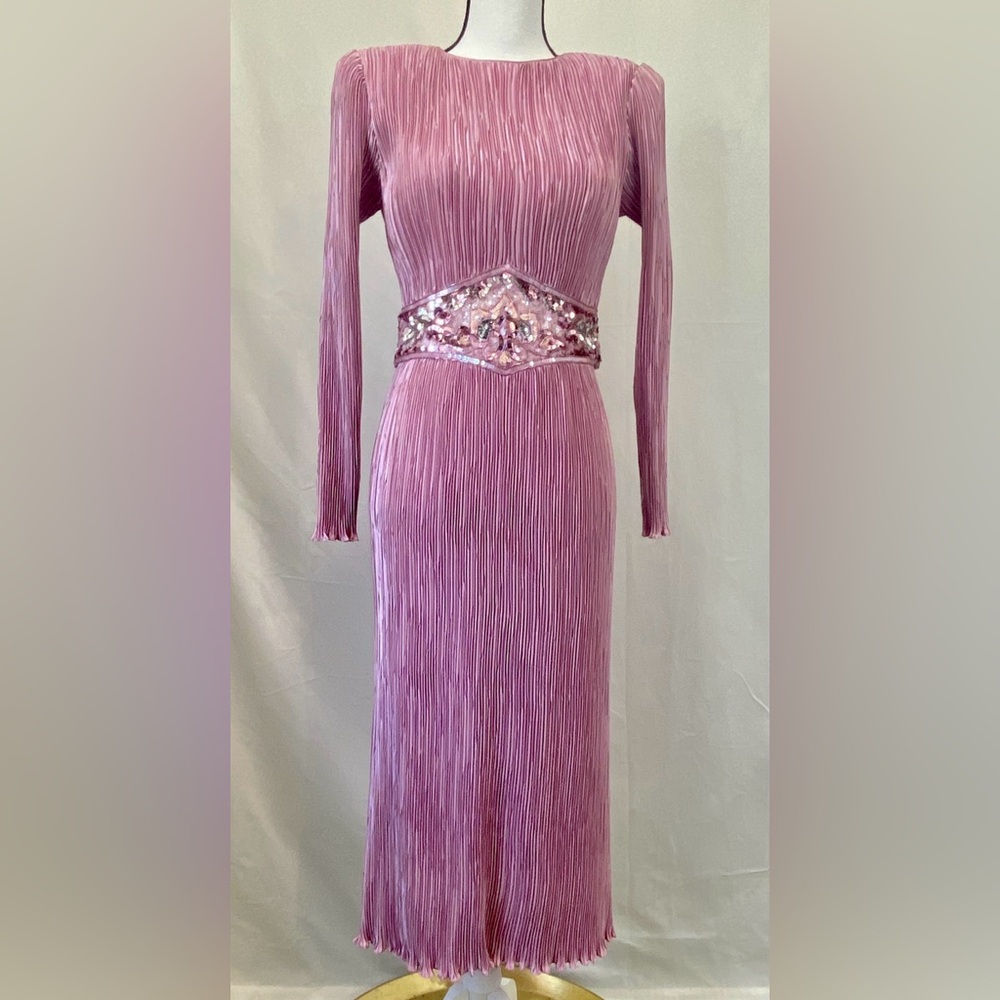 NUIT Vintage 1980s Pink Mauve Micro Pleated Dress Beaded Embellished Waist sz 8 - Picture 4 of 17